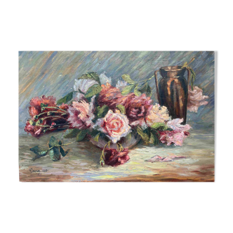 HSP painting "Jetée de roses" signed Y. Jannin dated 1948
