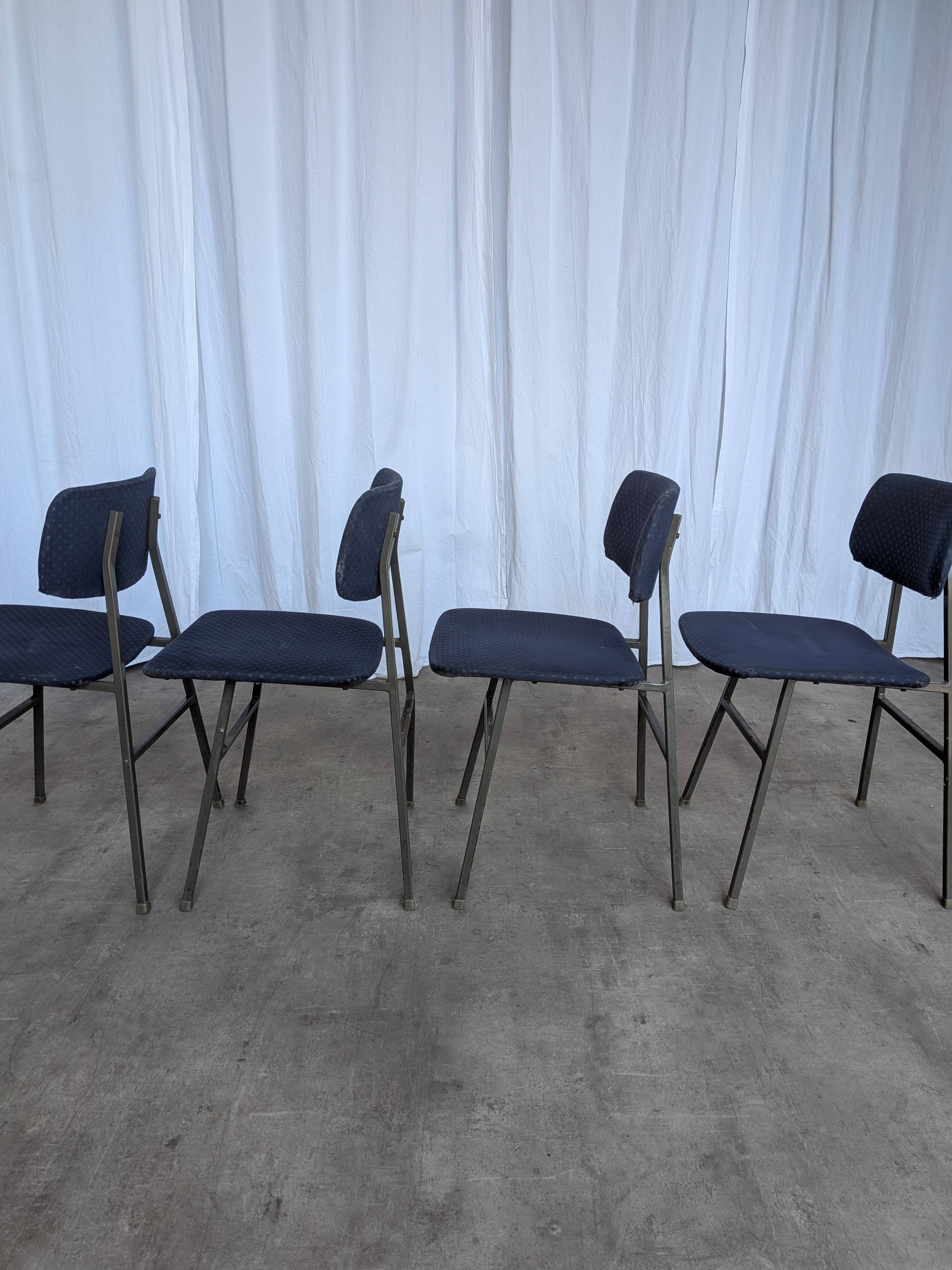 Set of 4 Vintage Stol Kamnik School Chairs Blue Upholstered Retro Dining Ch