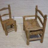 Bench and armchair in wood and straw for doll