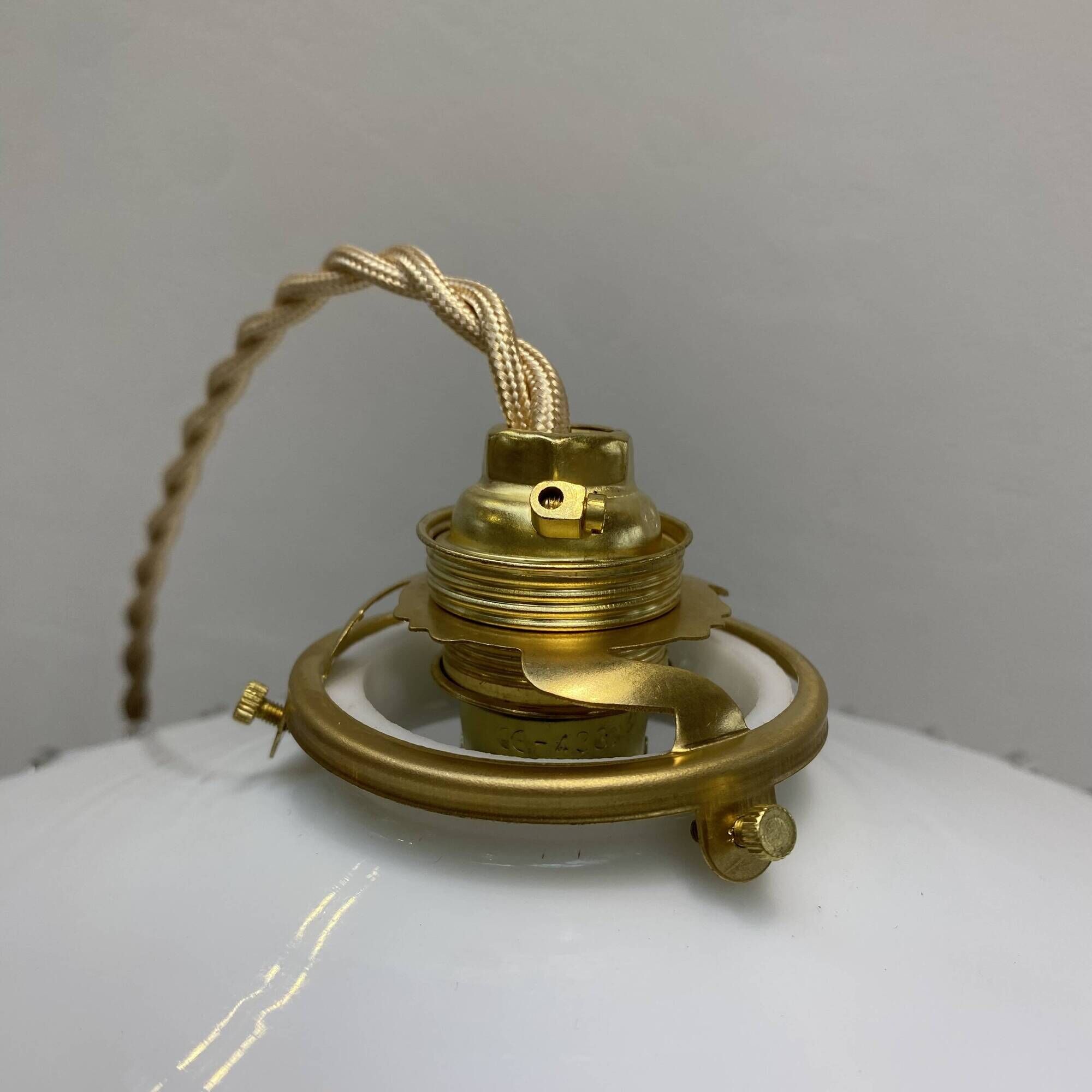 Pair of vintage pendant lights in white opaline and transparent serrated edges