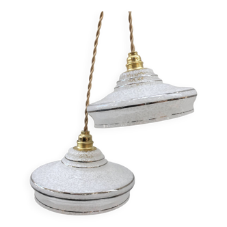 Pair of art deco pendant lights in white Clichy glass