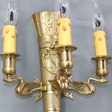 Large pair of Napoleonic gilt bronze empire style wall lights with three candles