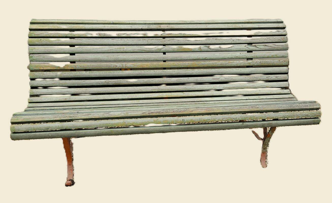 Antique Garden Bench with Wooden Slats and Iron Legs