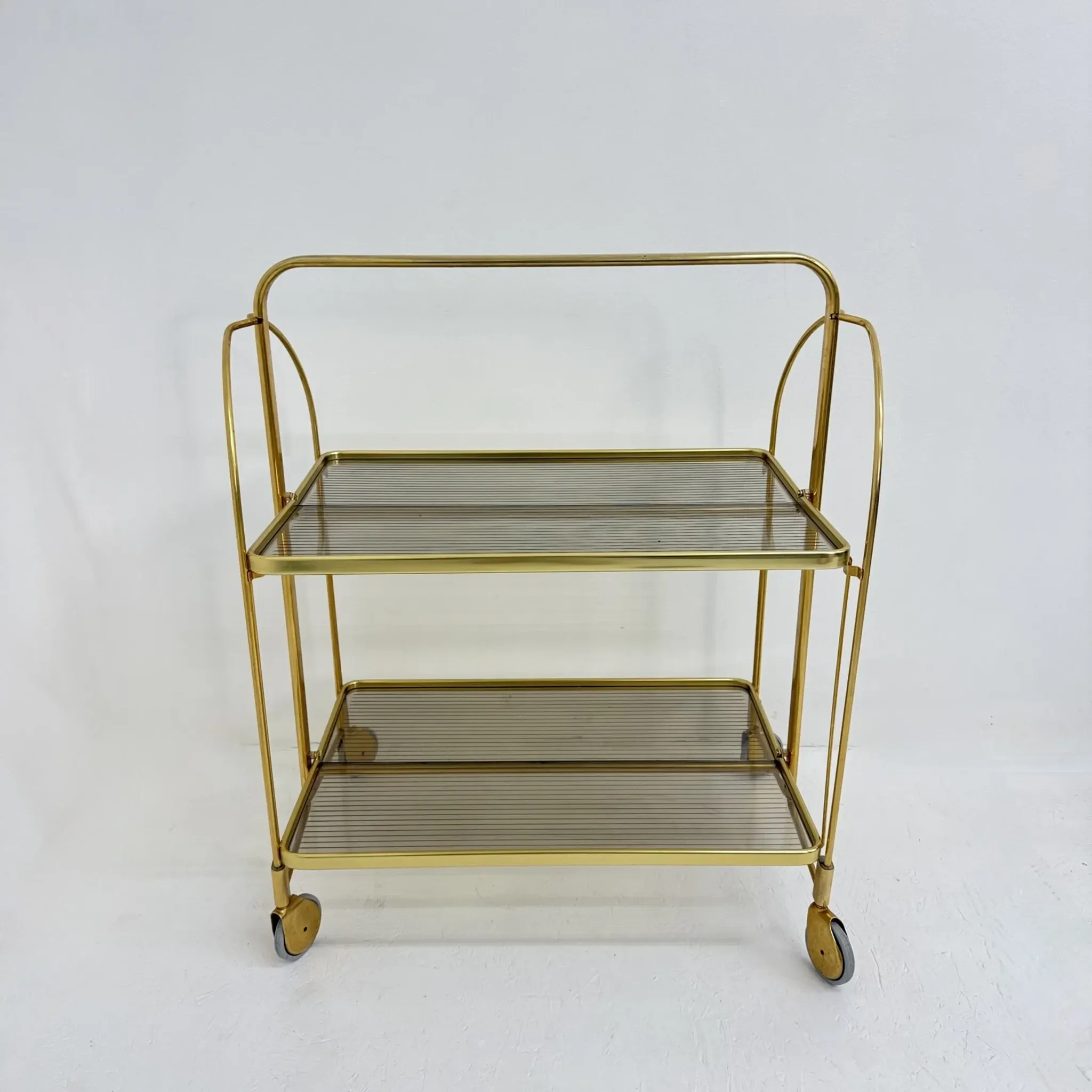 Mid-century modern folding bar cart in brass and ribbed acrylic glass, 1970s