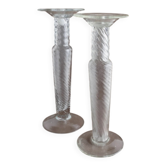 Set of 2 Transparent Murano Glass Candleholders by Franco Moretti - Vintage Italy 1960s, Hand-Blown