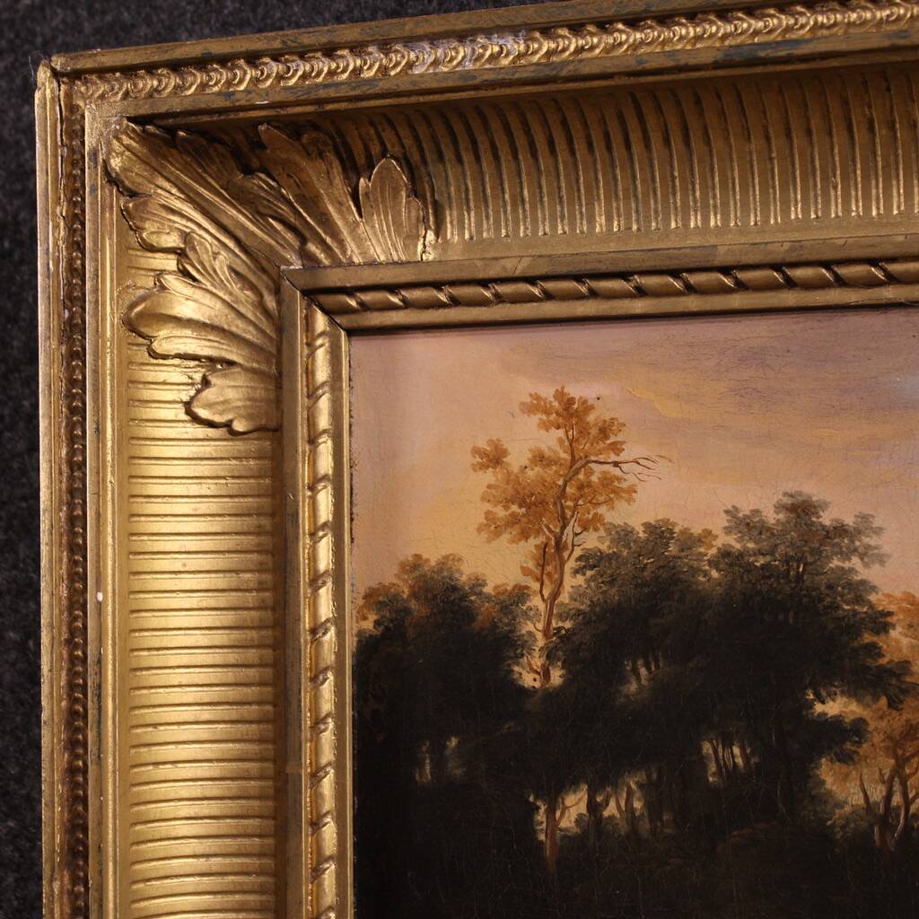 Antique Flemish bucolic landscape painting from the 18th century