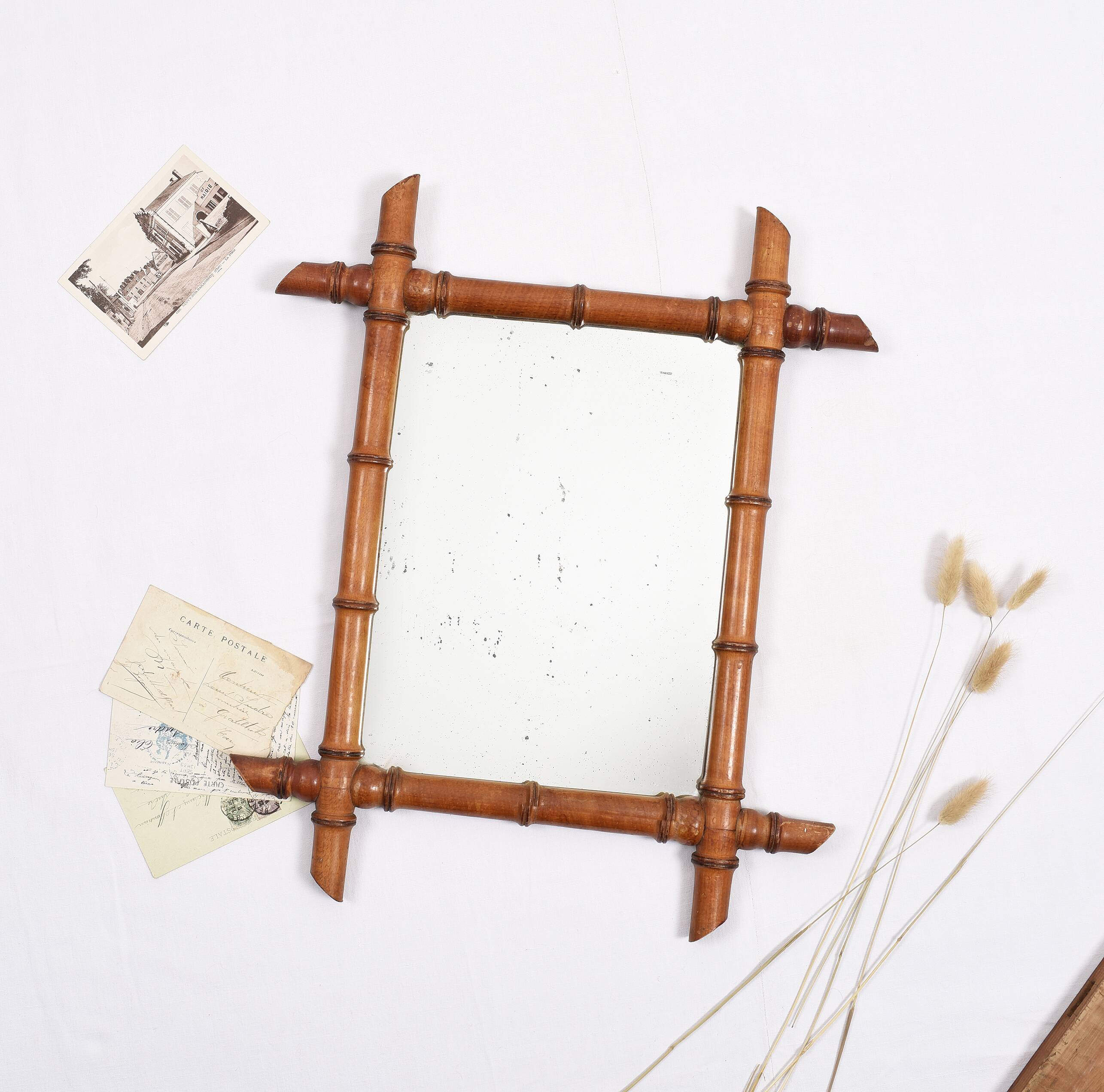 Old turned wooden mirror, bamboo imitation