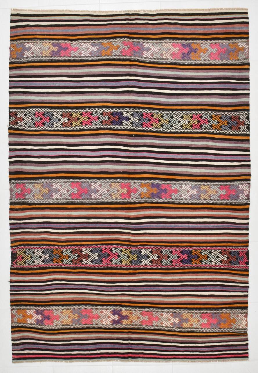 5x8 Kilim Colorful Striped Vintage Wool Kilim Rug, 160x232 Cm
