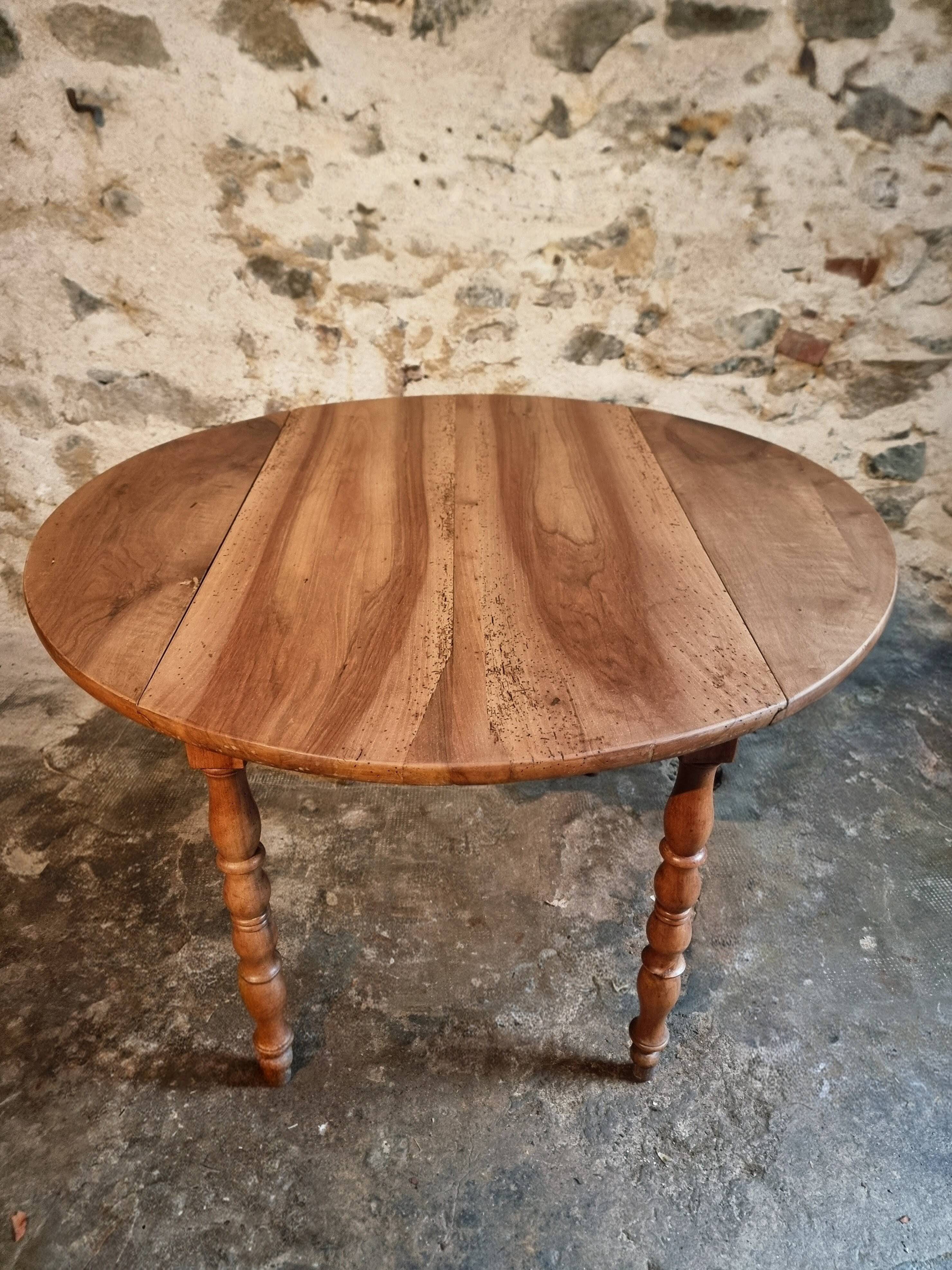 Antique walnut drop-leaf dining table – French round table 110 cm