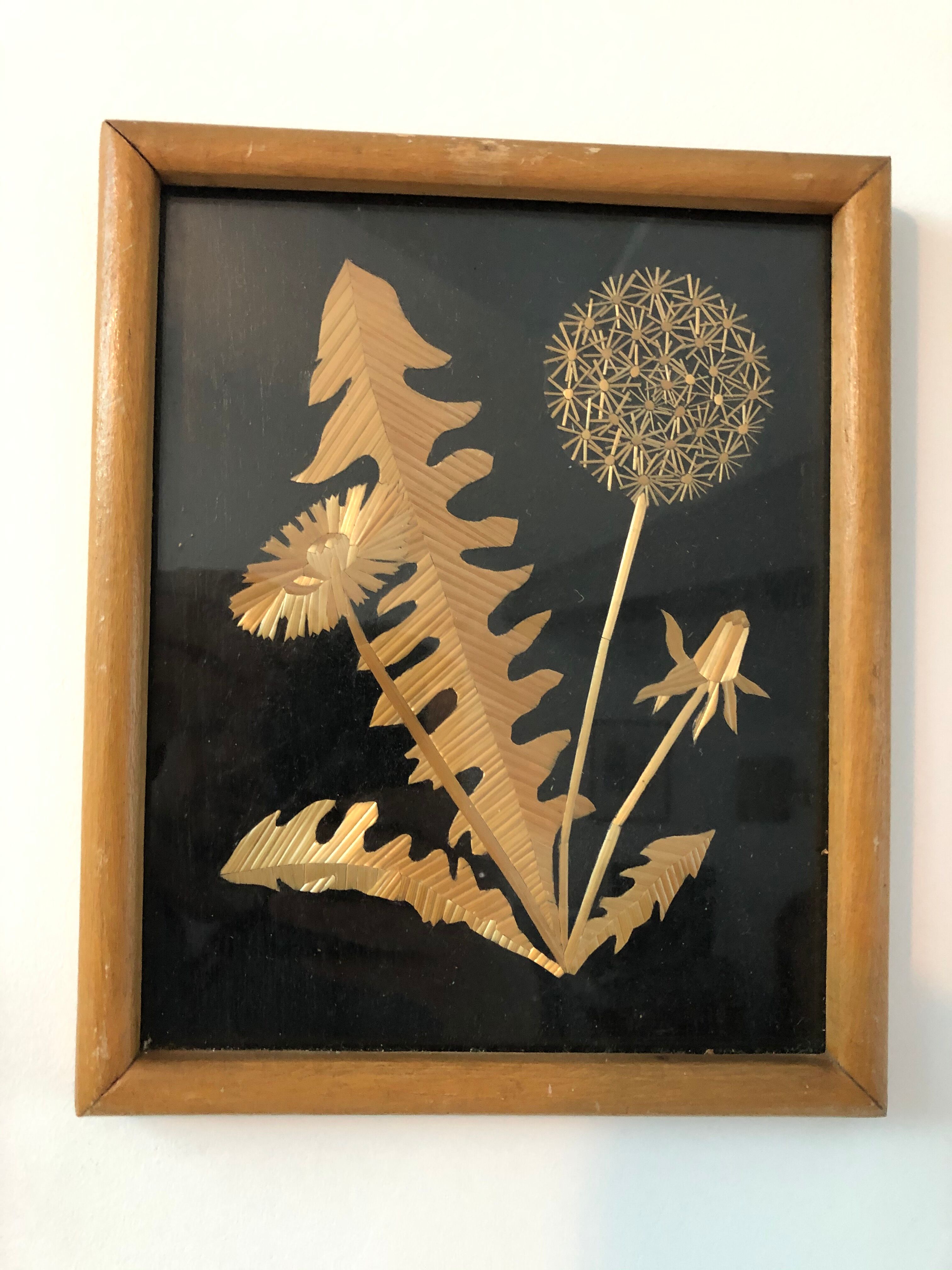 Wooden frame - gold vegetable decoration - golden dandelions