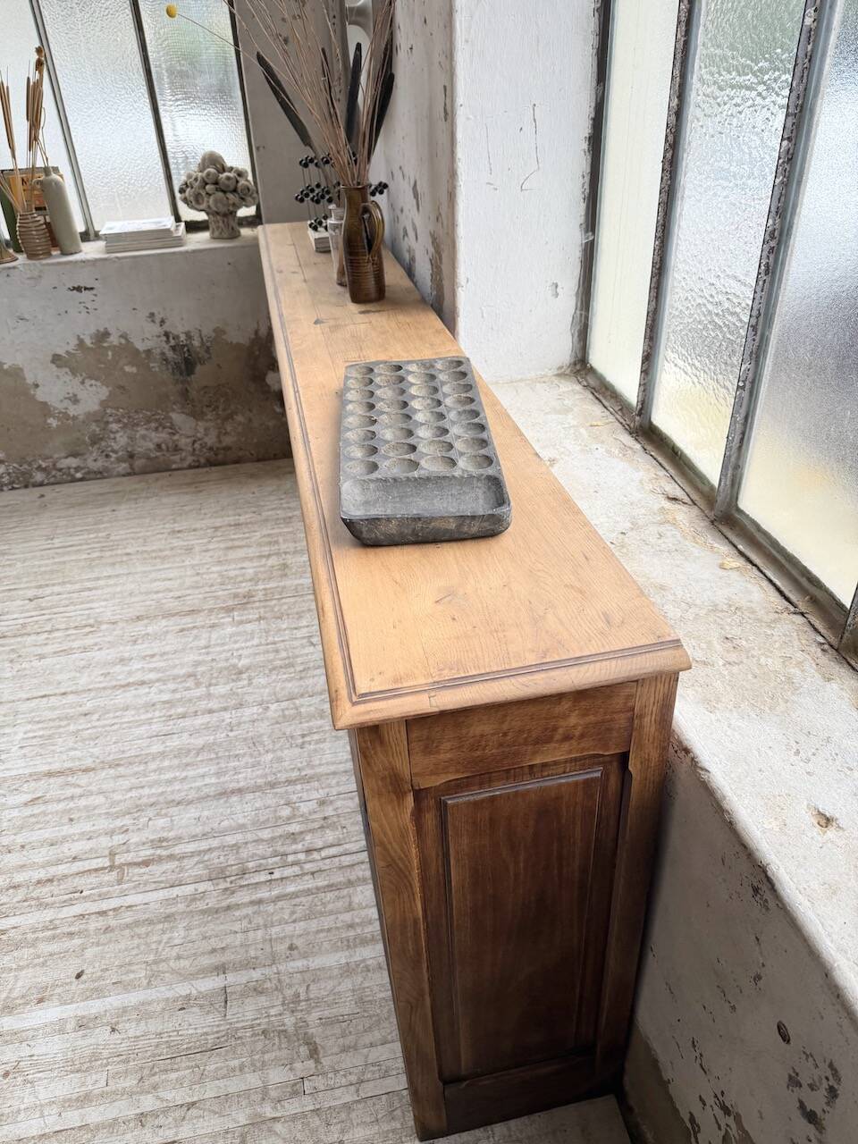 XL oak workshop sideboard with sliding doors from 1900