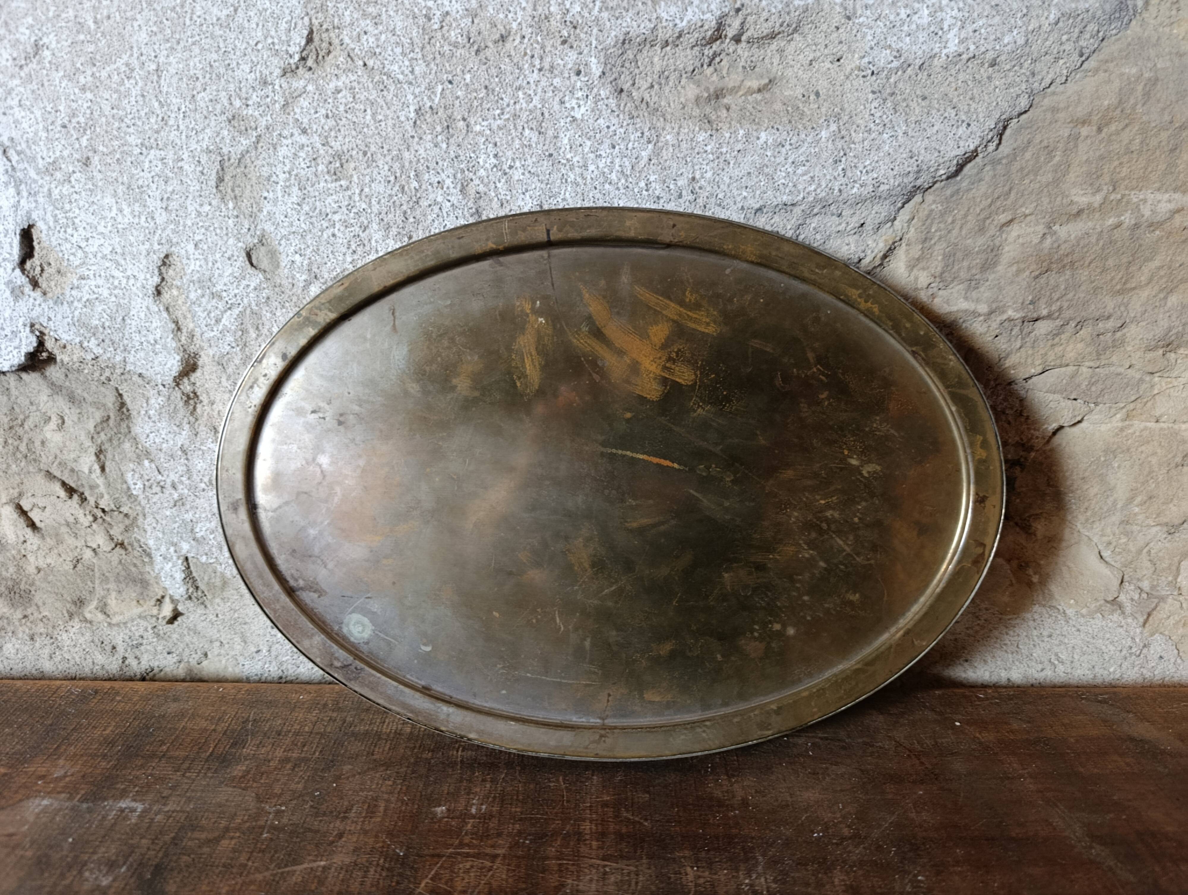 French vintage oval mirror with beveled glass and metal frame