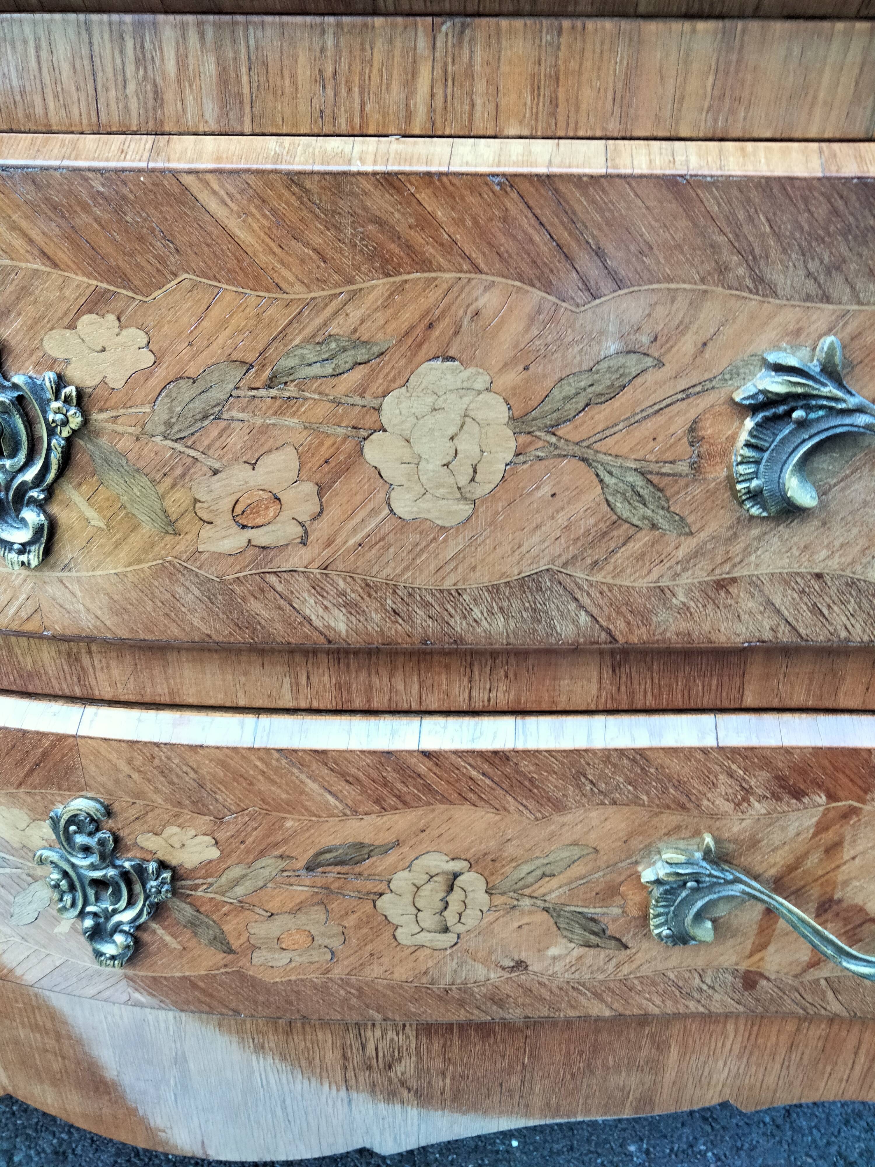 Chest of drawers old marquetry marble top Louis XV style