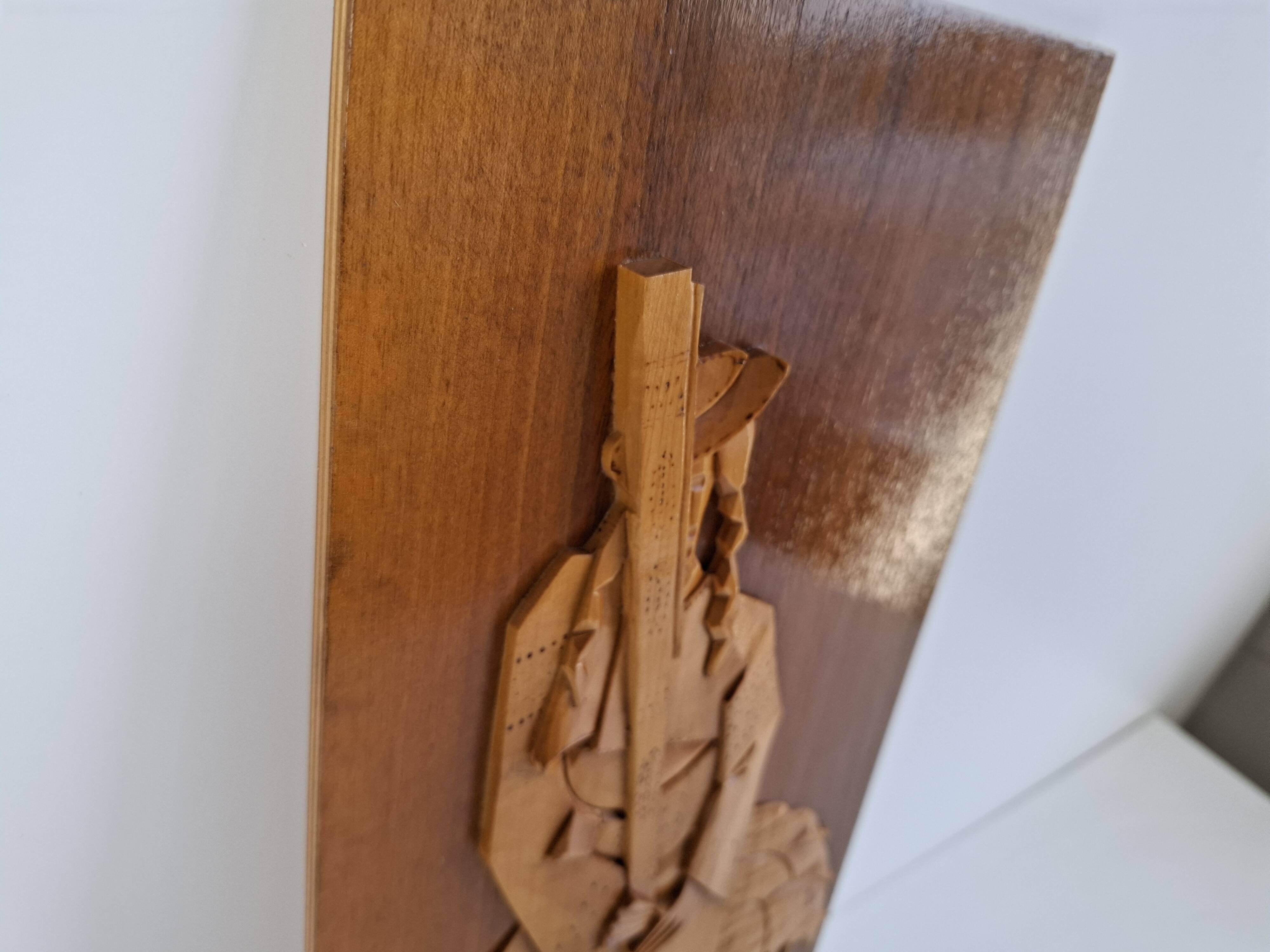 Mid-century Czech hand-carved wooden shepherd wall relief, 1960.