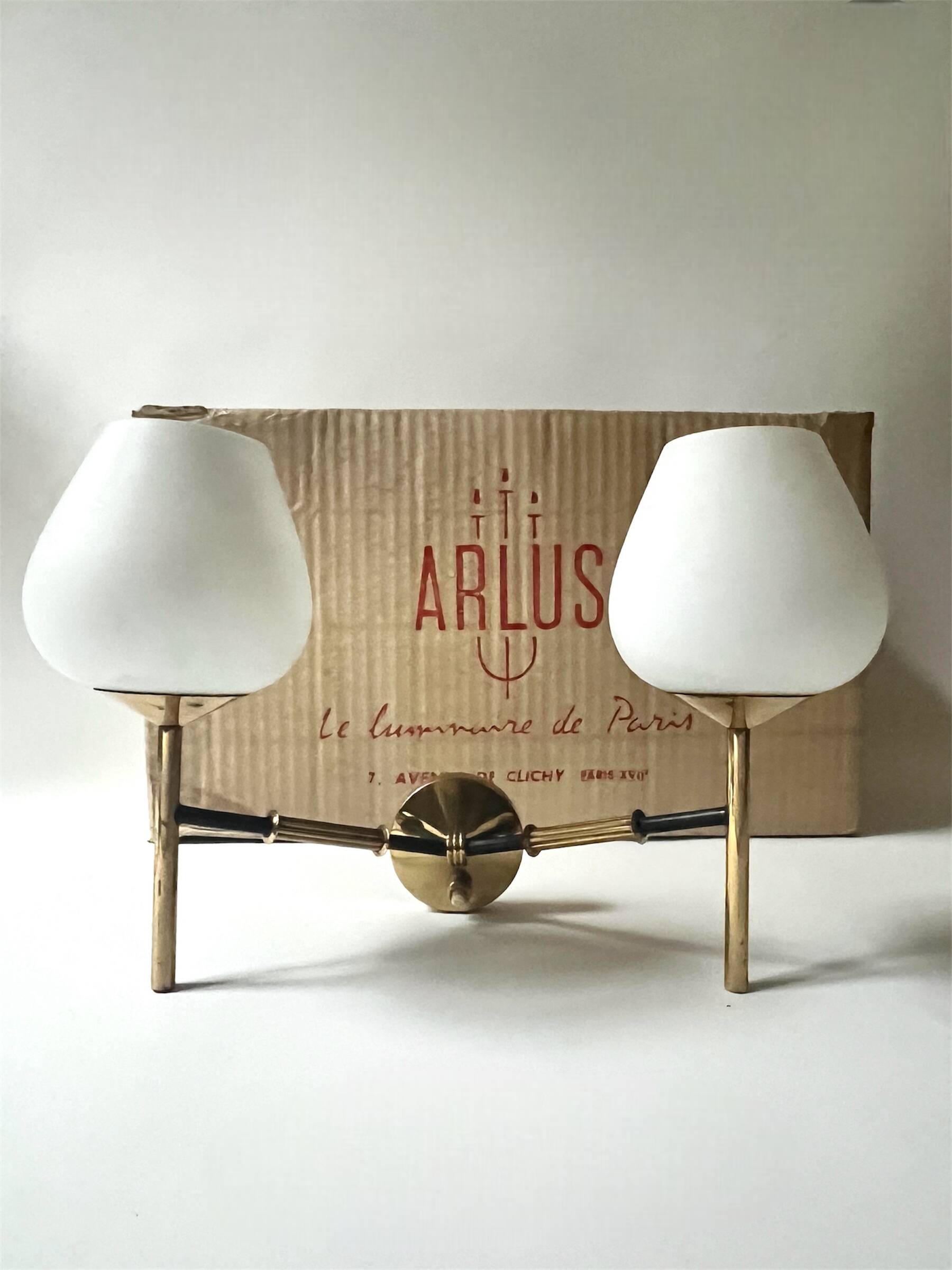 2 double wall lights in brass and white opaline glass, Arlus design 1950