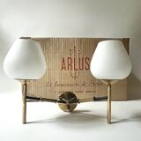2 double wall lights in brass and white opaline glass, Arlus design 1950