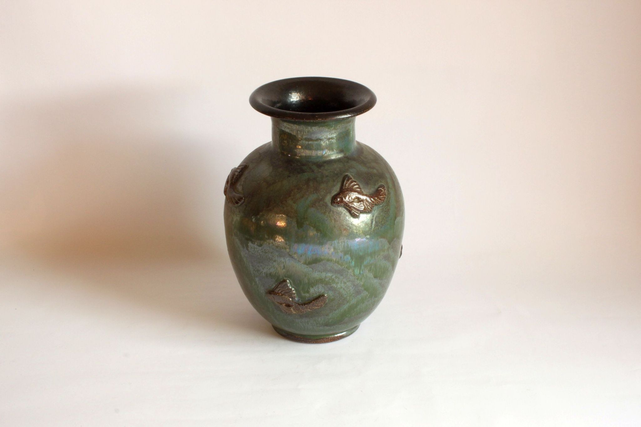 Art Deco Stoneware Vase with Fish Reliëf by Roger Guerin, Belgium, 1920s