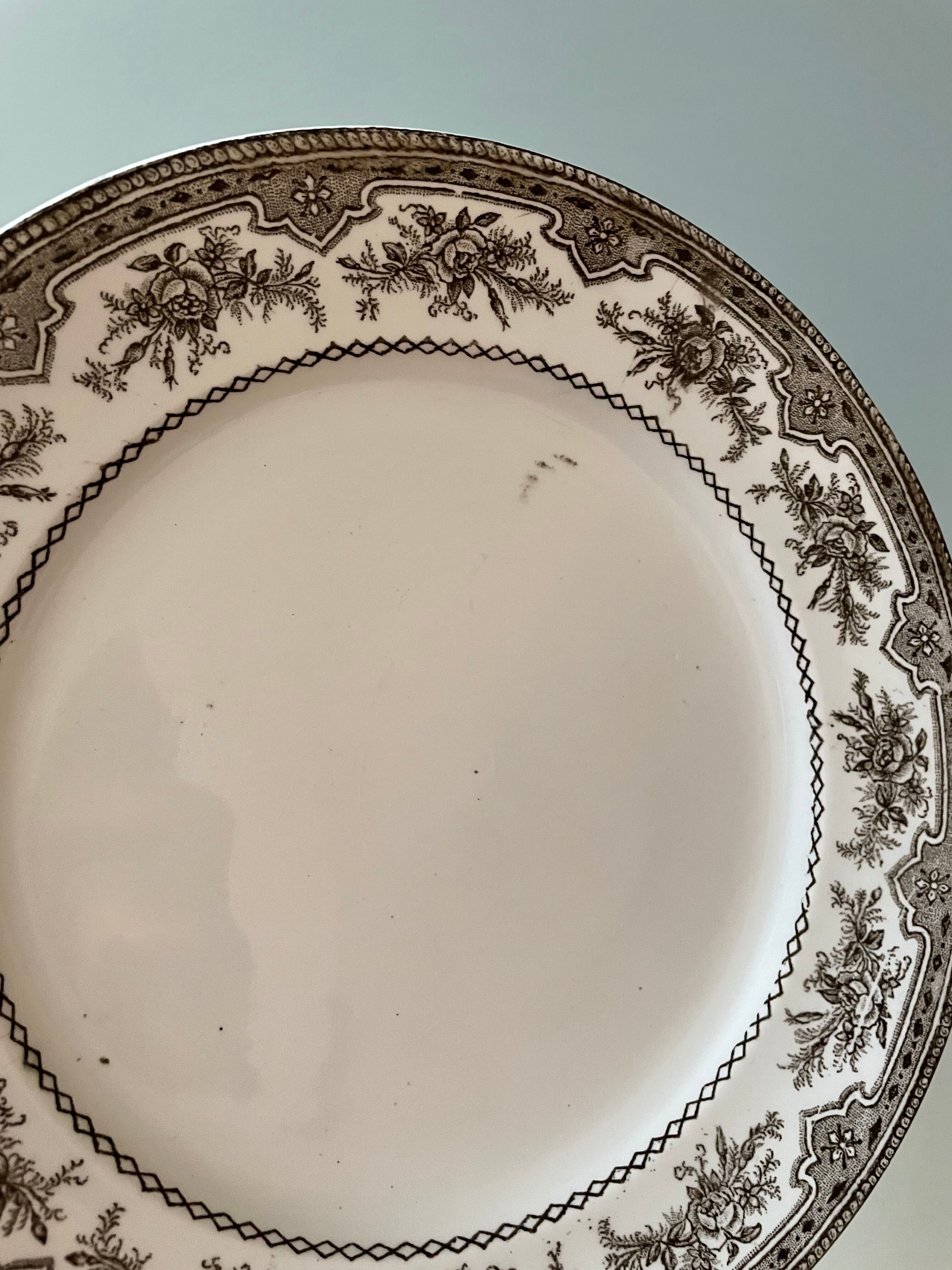 Set of 10 flat plates Terre de Fer Faïence d'Onnaing, model Roses-Mousses