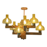 Large Vintage Rustic Wooden Chandelier Amber Glass shades Carved Wood 1980