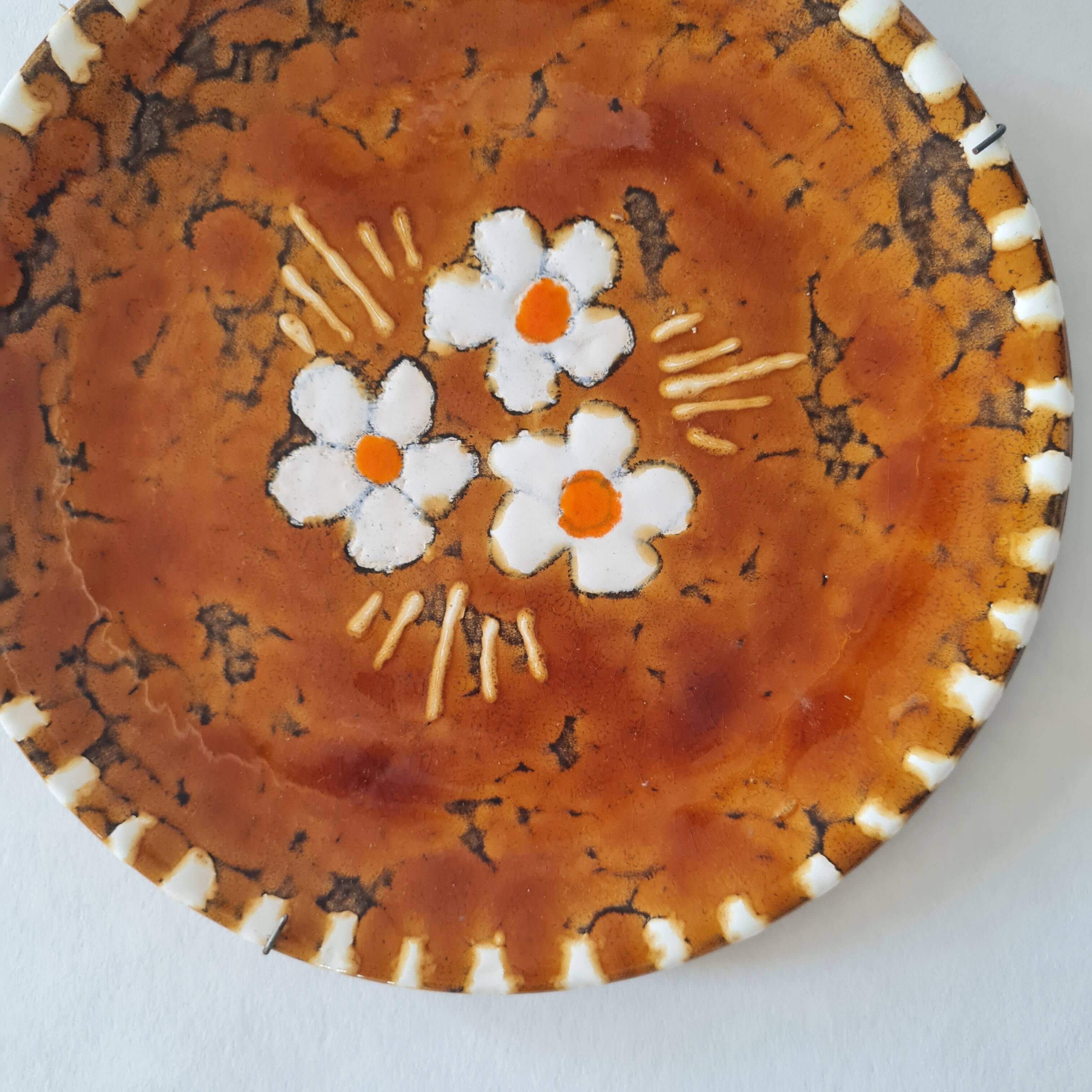 Vintage Ceramic Plate - Flower Decor - Amber Glaze