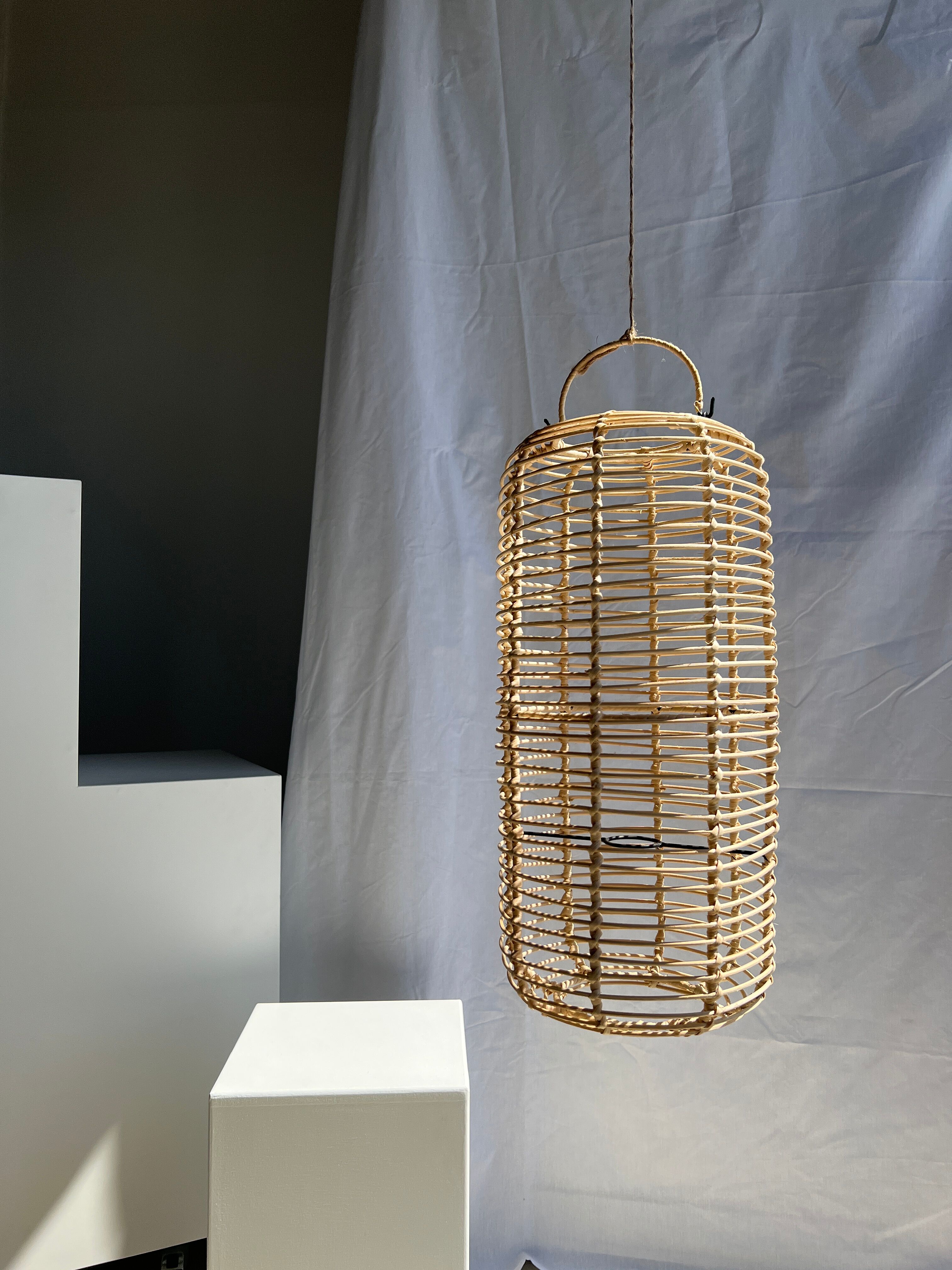 Large lantern-shaped rattan pendant lamp H50 D24