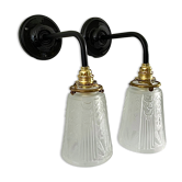Pair of vintage art deco glass wall lamps electrified to nine