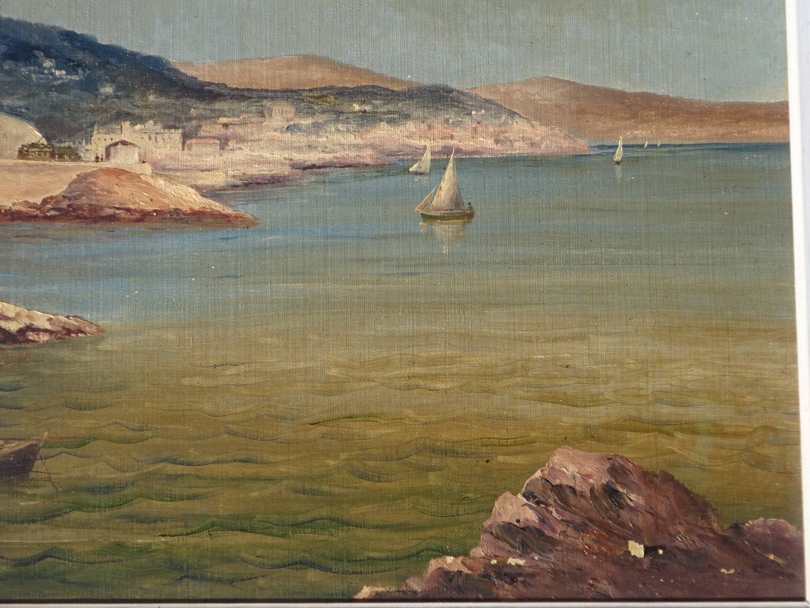 Huile sur toile du XIXème siècle, calanques, Méditerranée