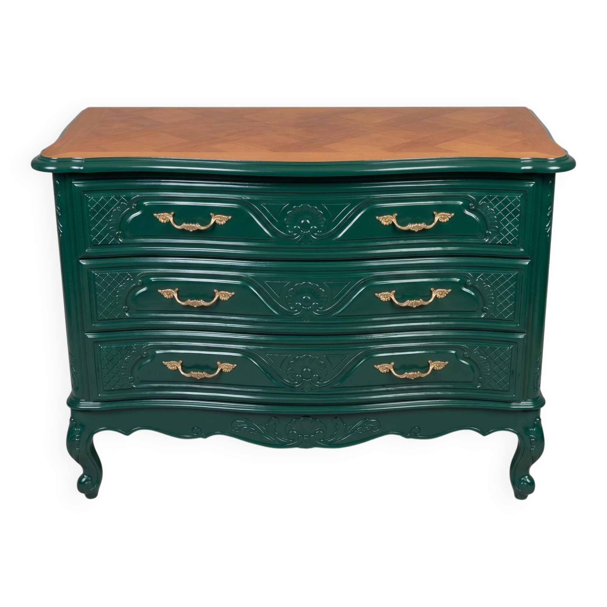 Restored cherry wood chest of drawers in English green.