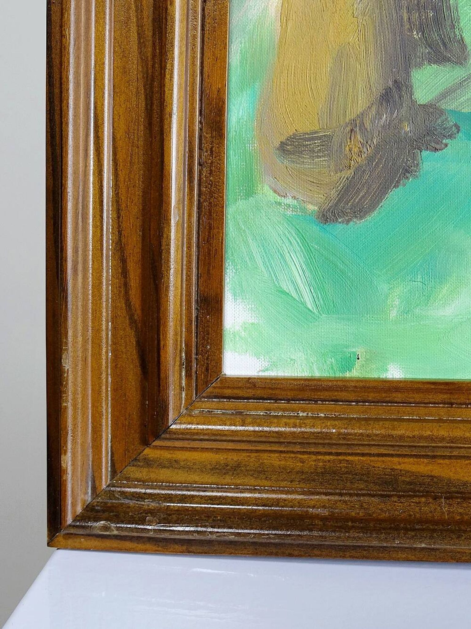 Portrait "The Woman in Green" vintage oil on canvas board framed