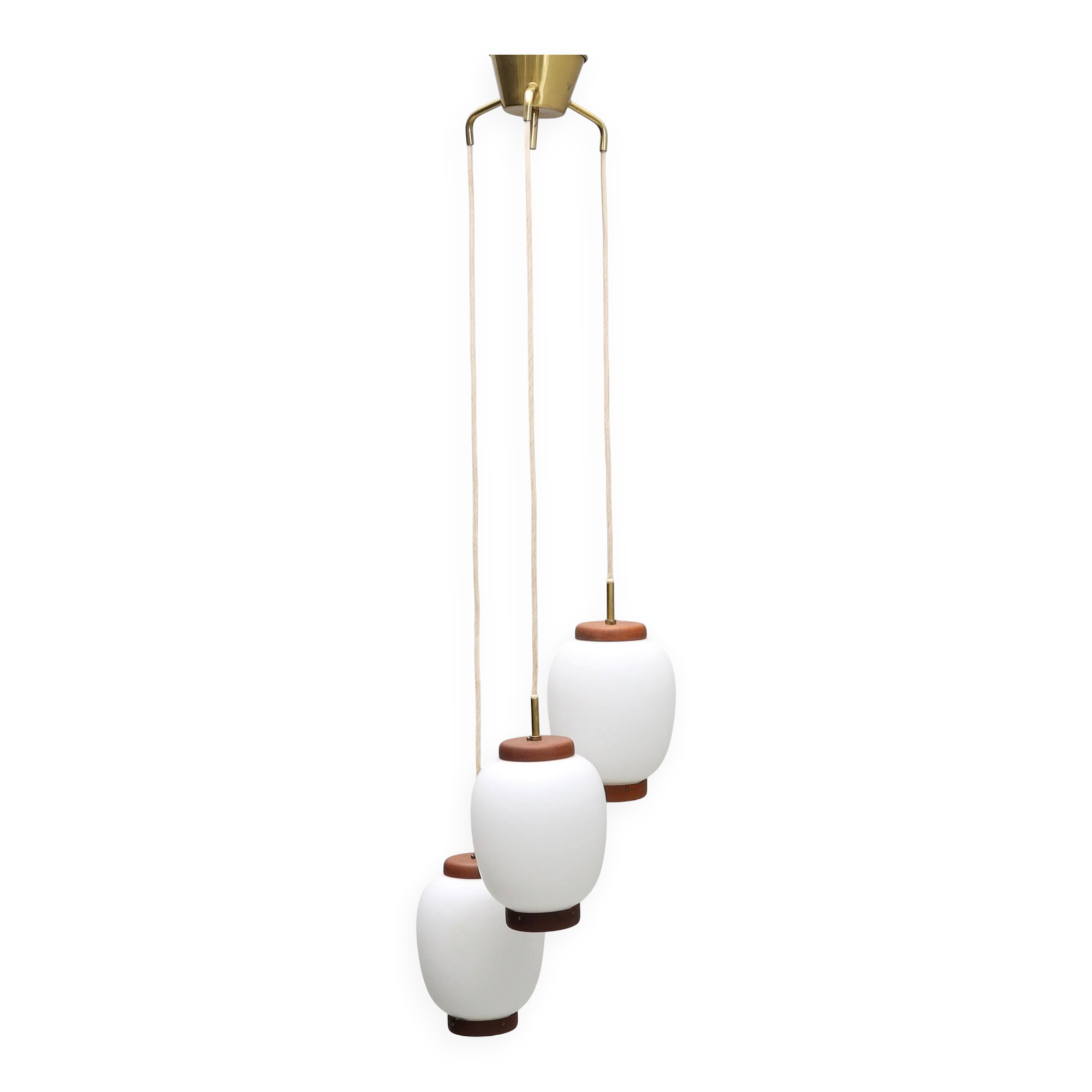 Bent Karlby "China" pendant lights, 3 lights, teak and glass, Lyfa, Denmark, 1960.