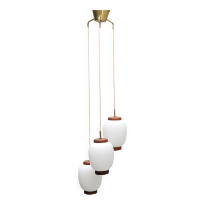 Bent Karlby pendentifs ''china'' 3 lumières teck et verre Lyfa Danemark 1960