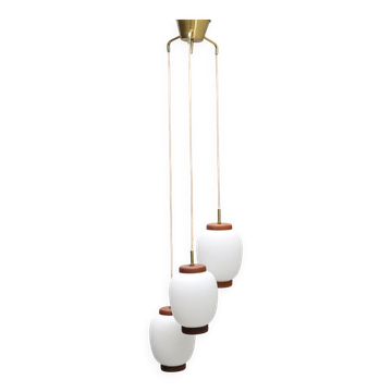 Bent Karlby "China" pendant lights, 3 lights, teak and glass, Lyfa, Denmark, 1960.