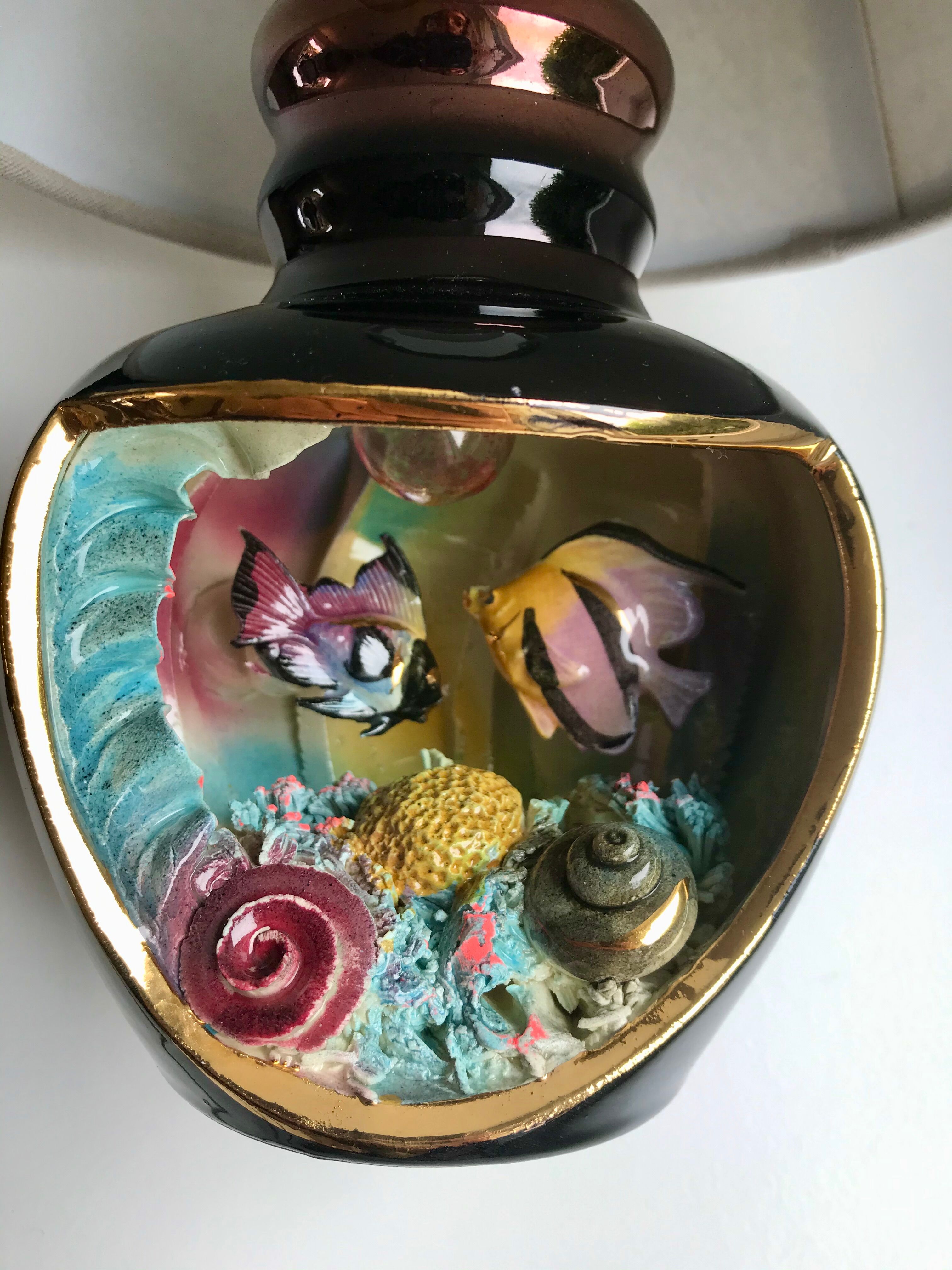 Lampe poisson Vallauris noir et grise avec abat-jour en lin années 70