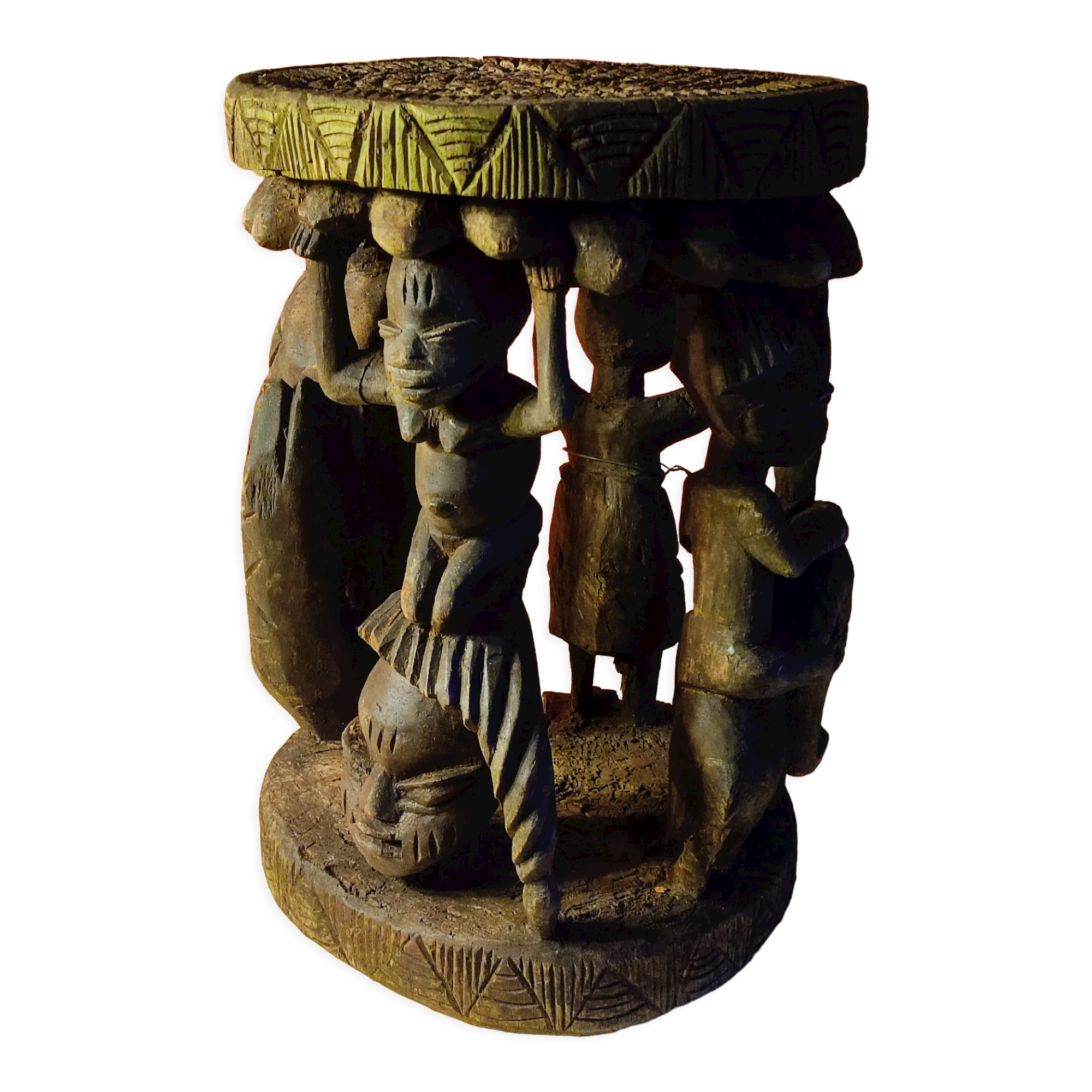 African wooden stool carved in the shapes of characters