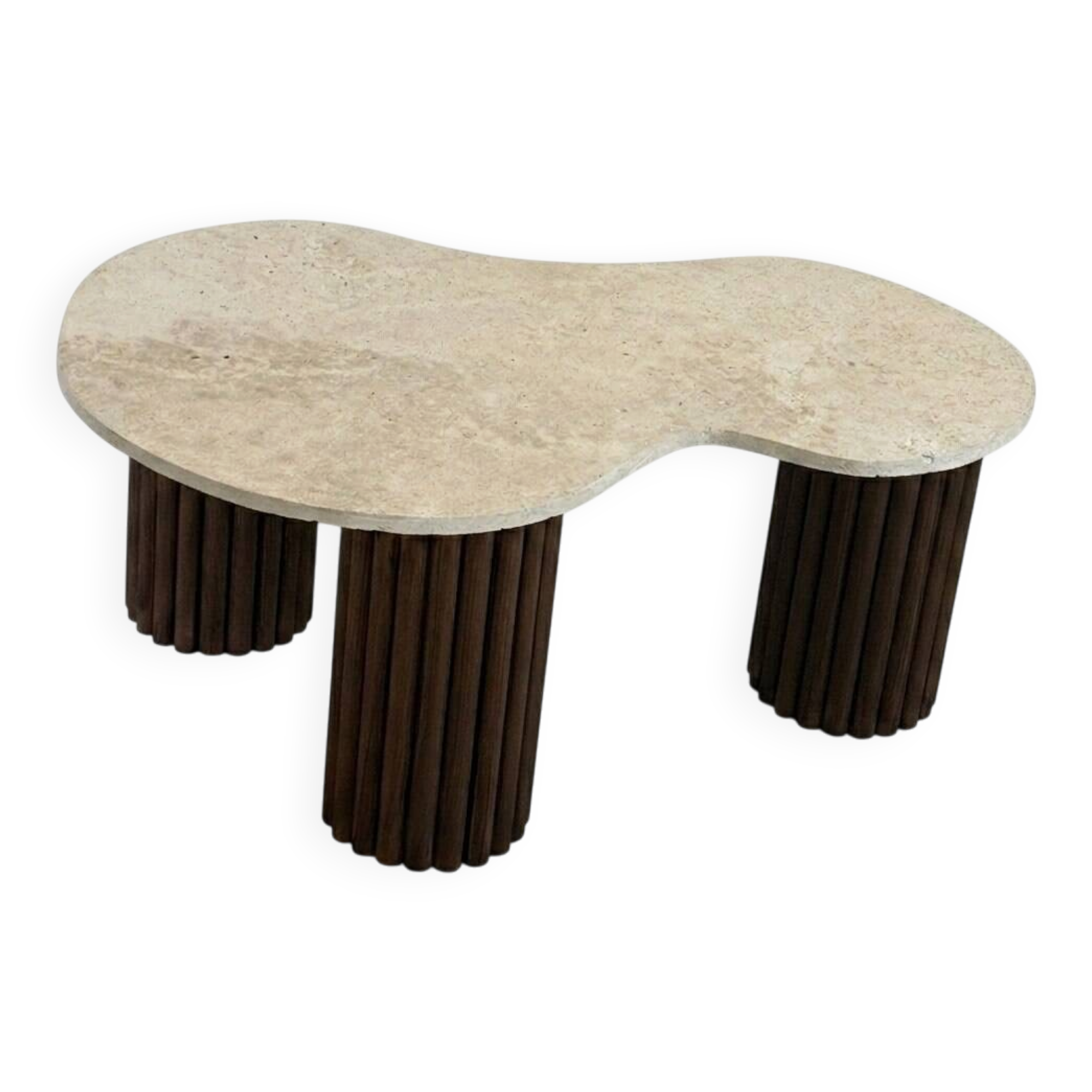 Table basse "poire"  travertin et bois cannelé | chêne foncé | 3 pieds