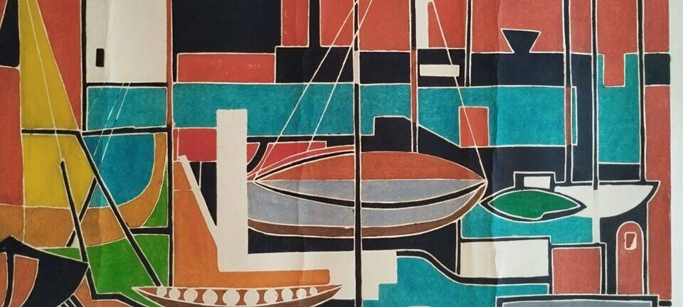 Gouache on paper signed mid-20th century boats port 1959