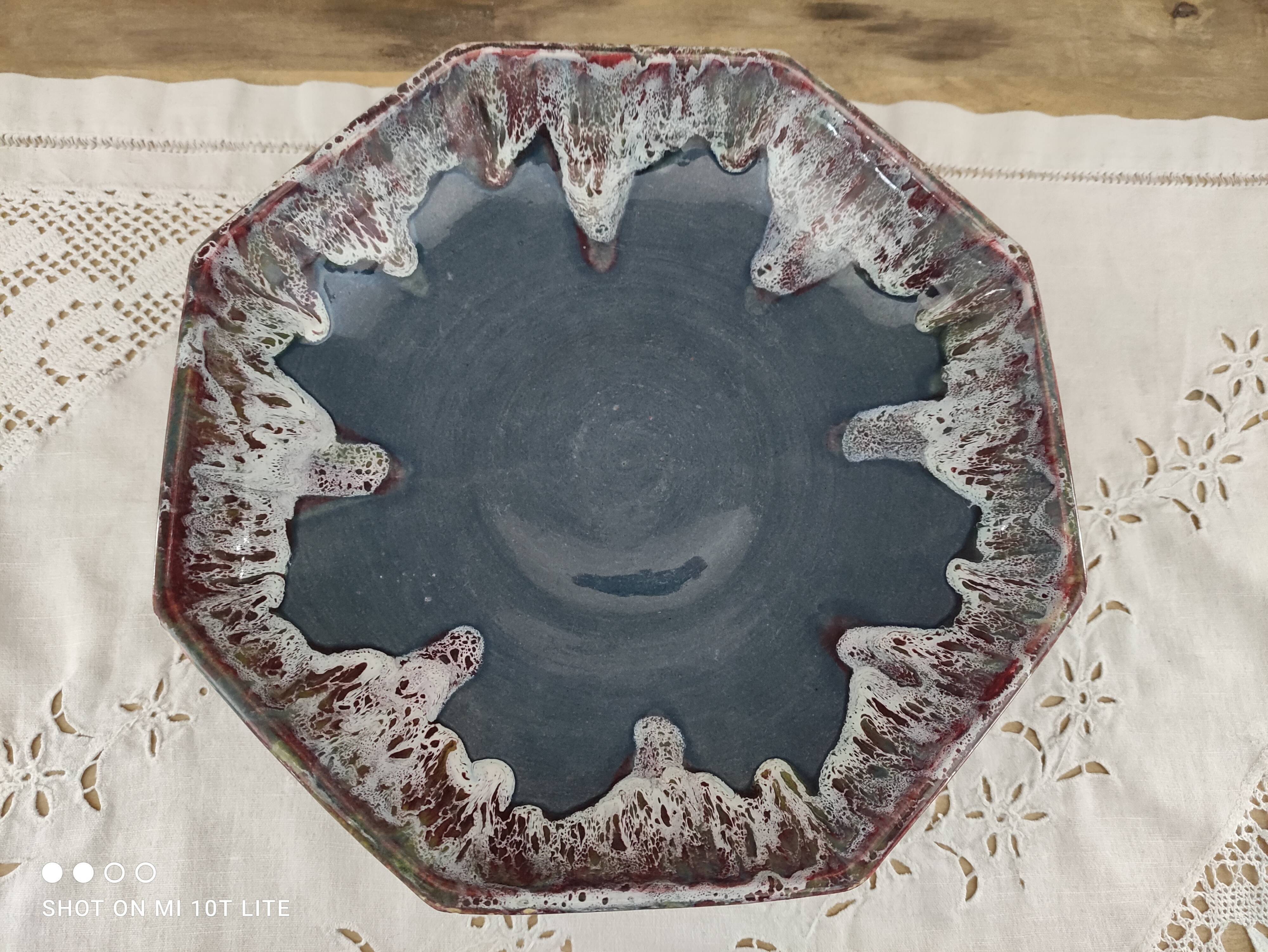 Cut on pedestal in gypsy blue ceramic lava effect burgundy and white signed GF