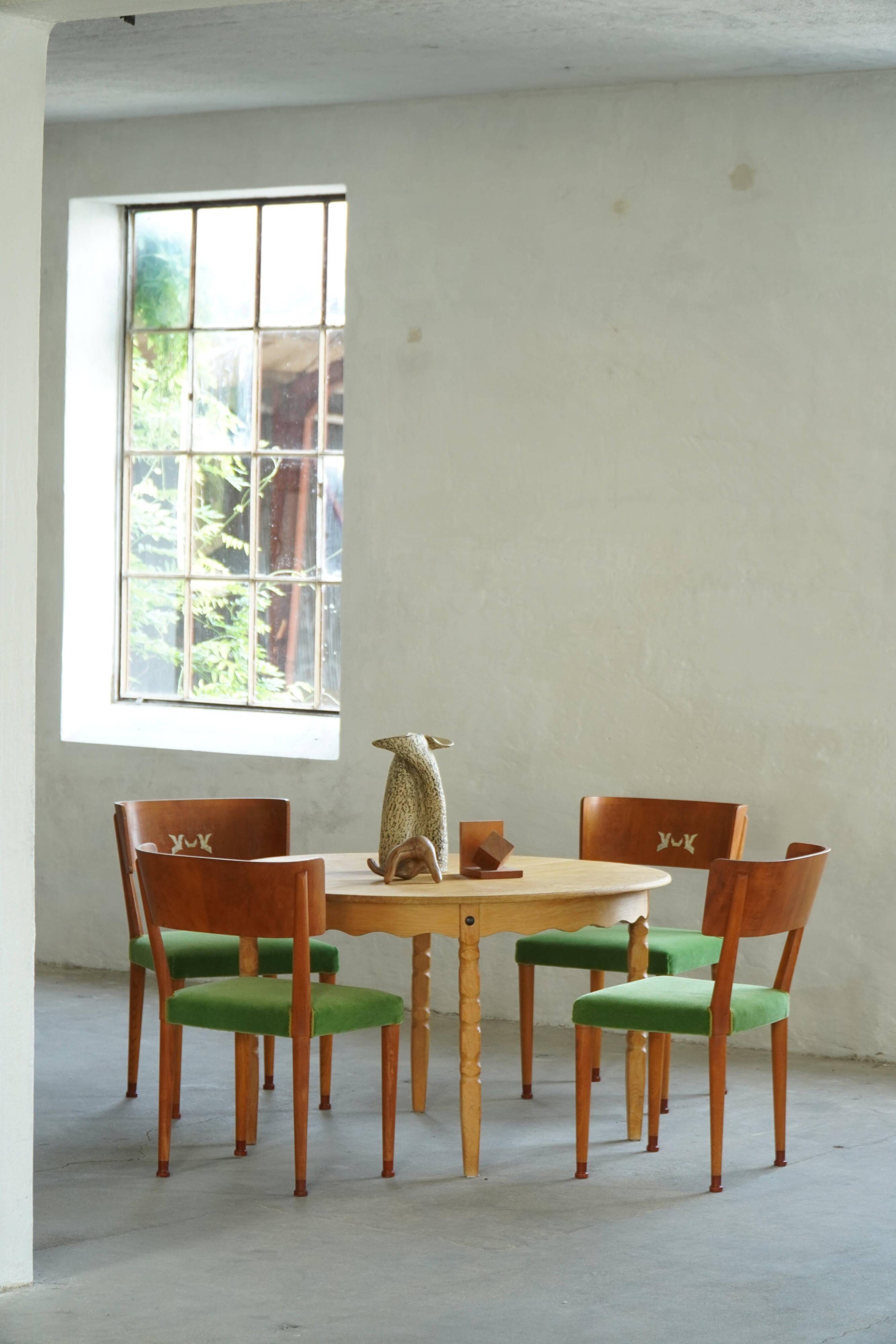 Swedish Art Deco, set of 6 "klismos" chairs, birch and mohair, griffin inlays, 1930s.