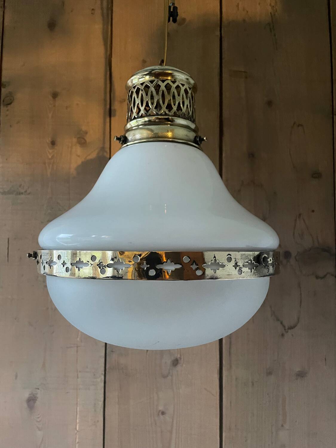1920s opaline glass and brass pendant light