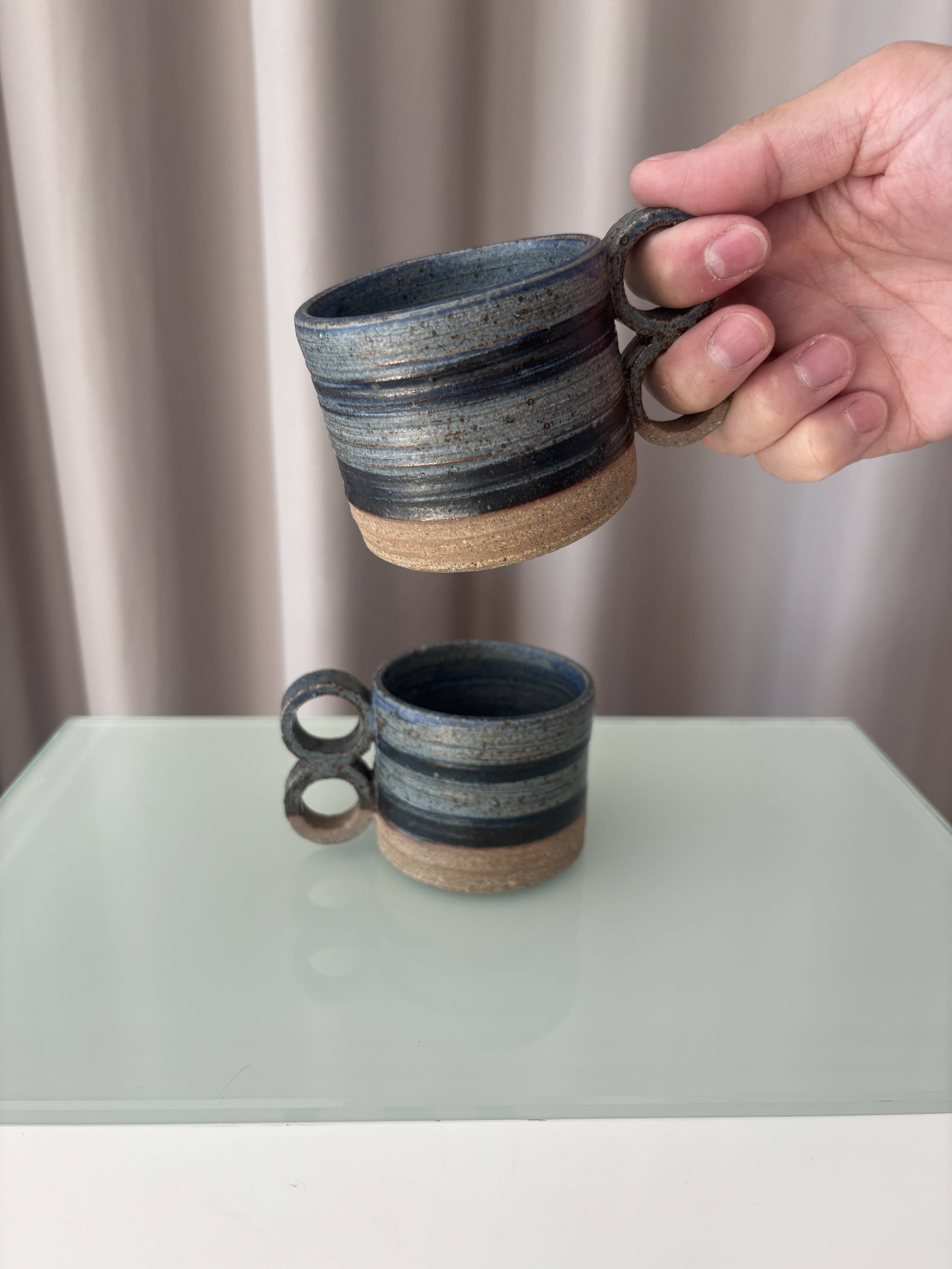 Pair of Vintage Danish Studio Pottery Mugs – Denmark Stoneware Cups – Blue