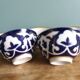5 Uzbekistan porcelain tea bowls or cups, cobalt and gold decor
