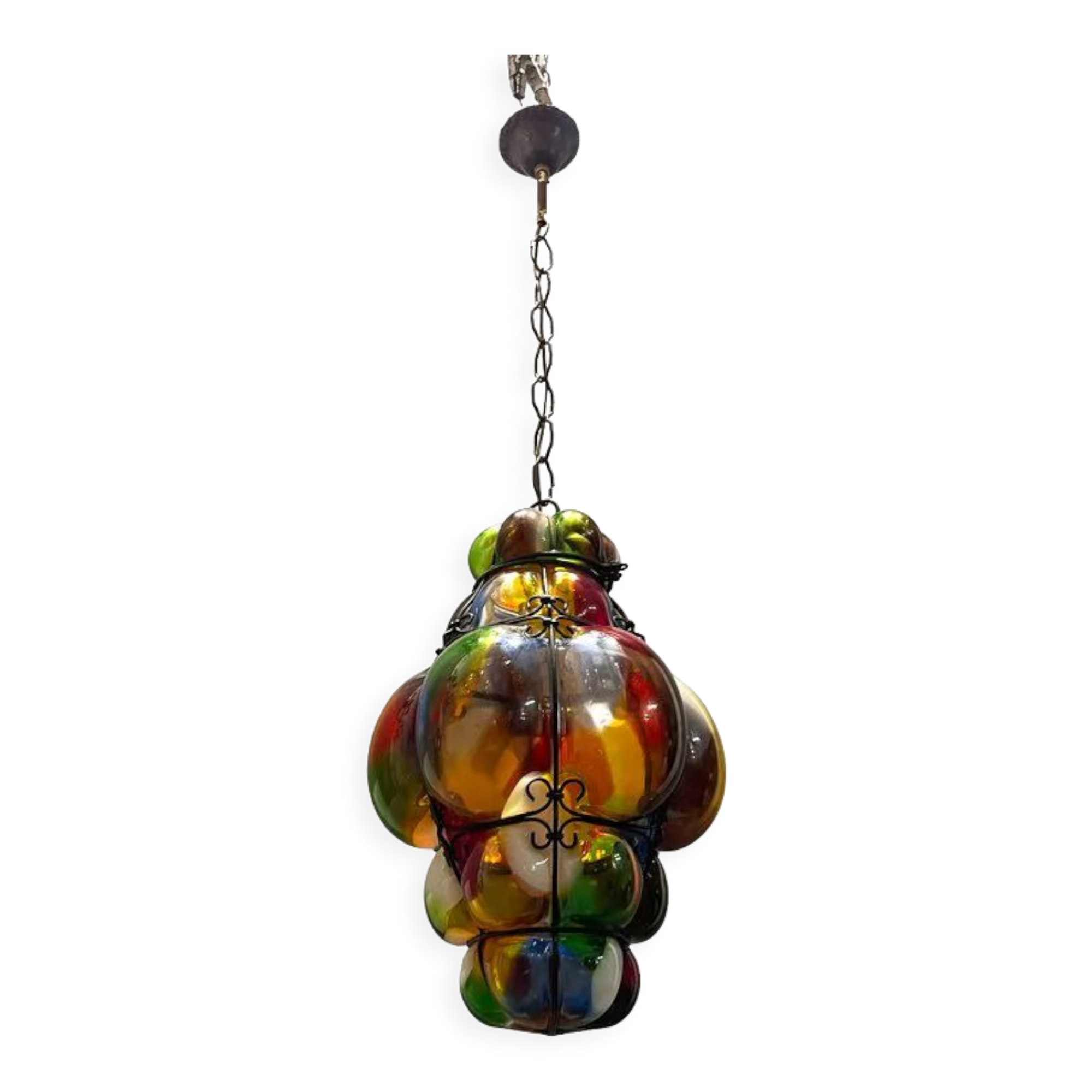 Murano glass multicolored wrought iron light pendant latern, 1950s