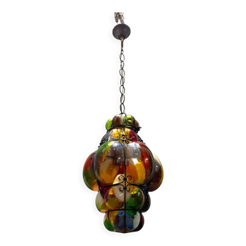 Murano glass multicolored wrought iron light pendant latern, 1950s