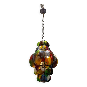 Murano glass multicolored wrought iron light pendant latern, 1950s