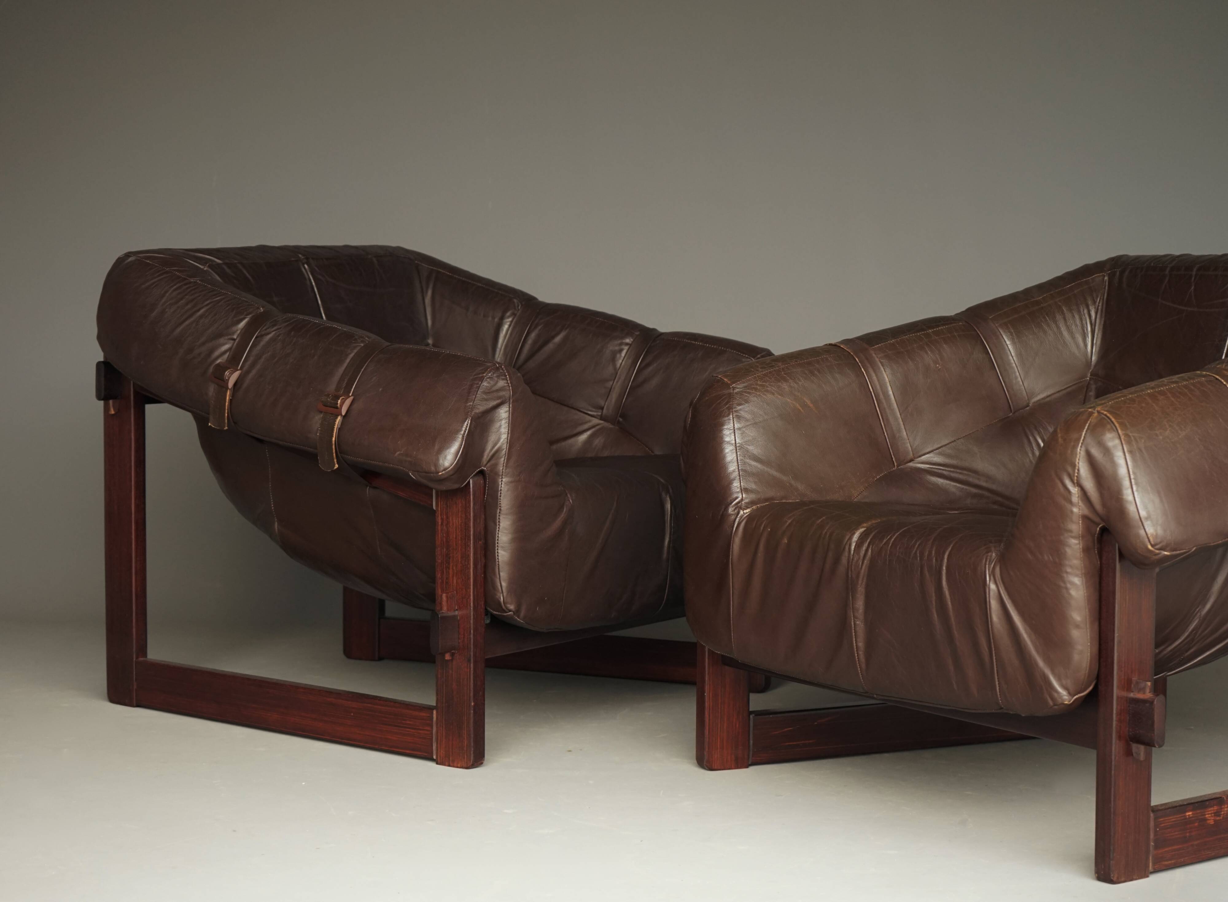 Rare pair of model MP-91 leather lounge chairs by Percival Lafer