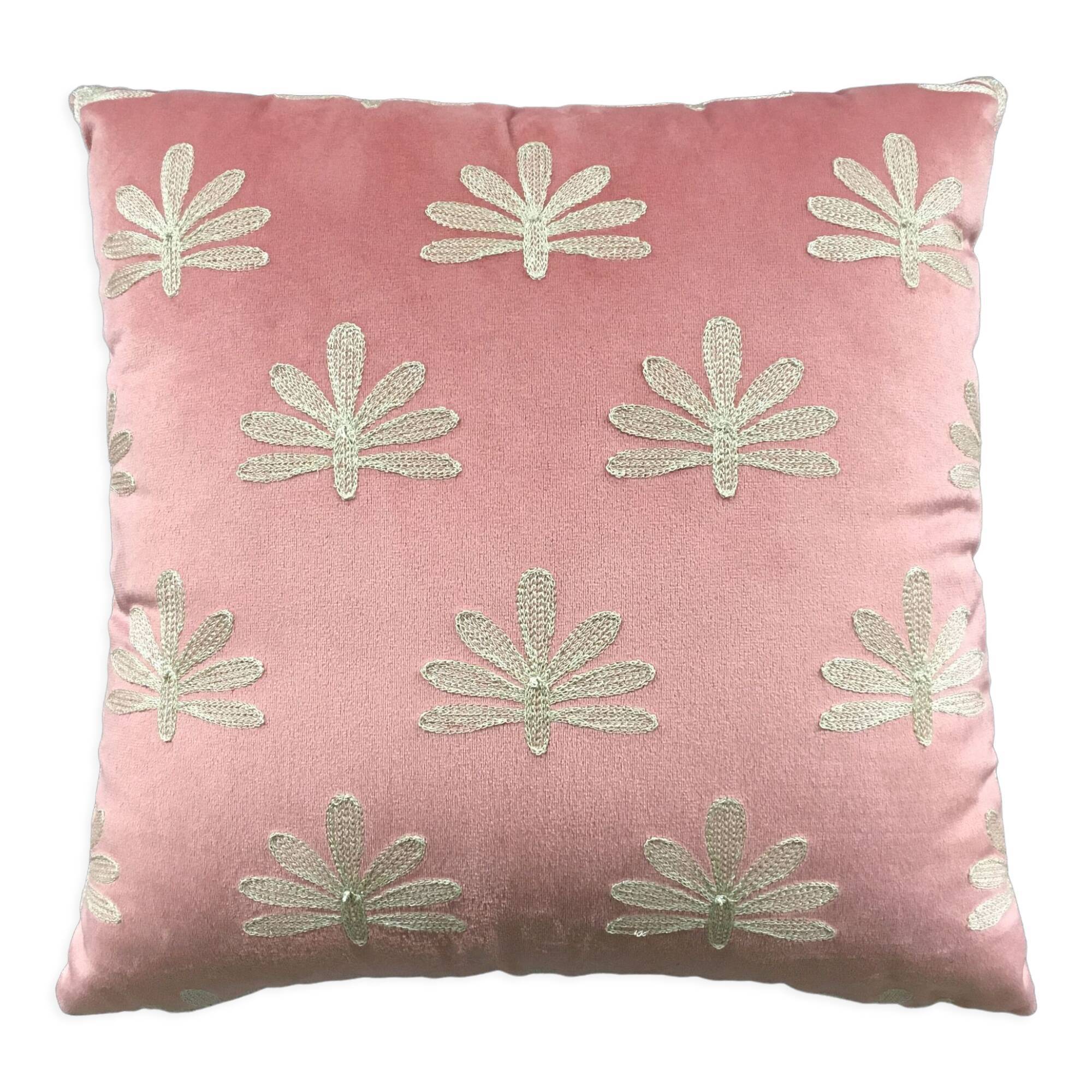 Pink cushion embroidered palm trees