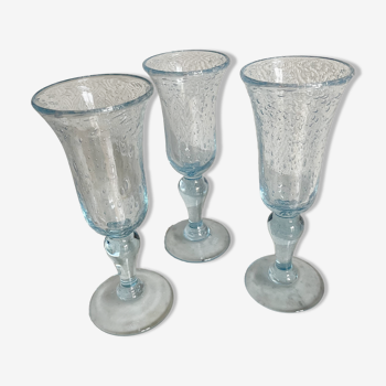 Set of three Biot blue stemmed glasses