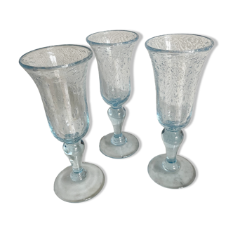 Set of three Biot blue stemmed glasses