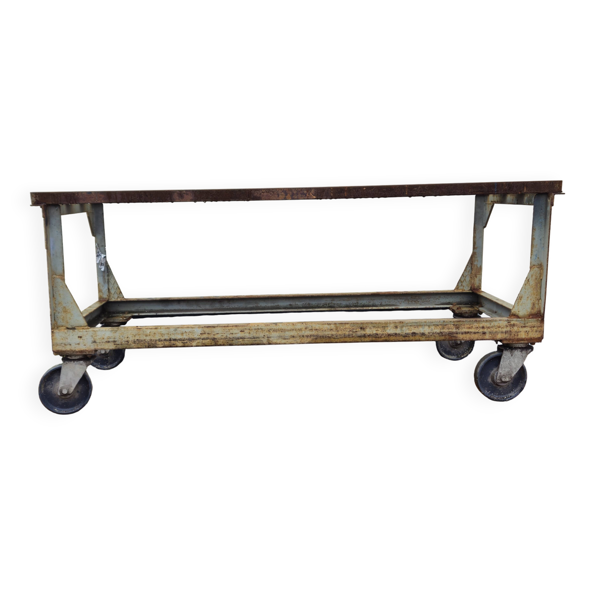 Metal industrial table on wheels, mid-20th century