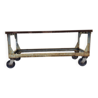 Metal industrial table on wheels, mid-20th century